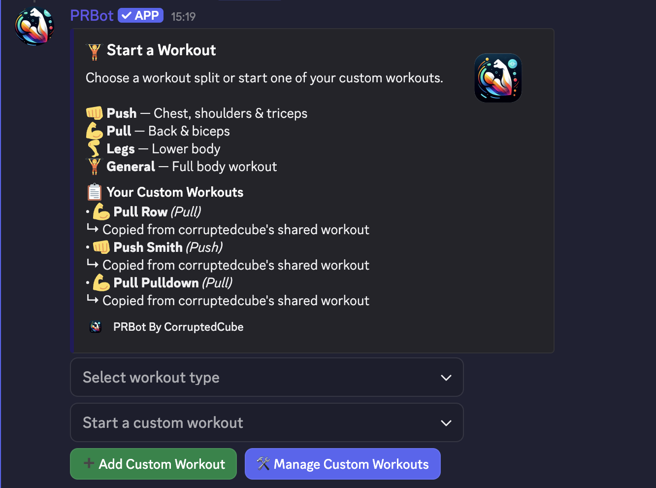 Workout selection mock